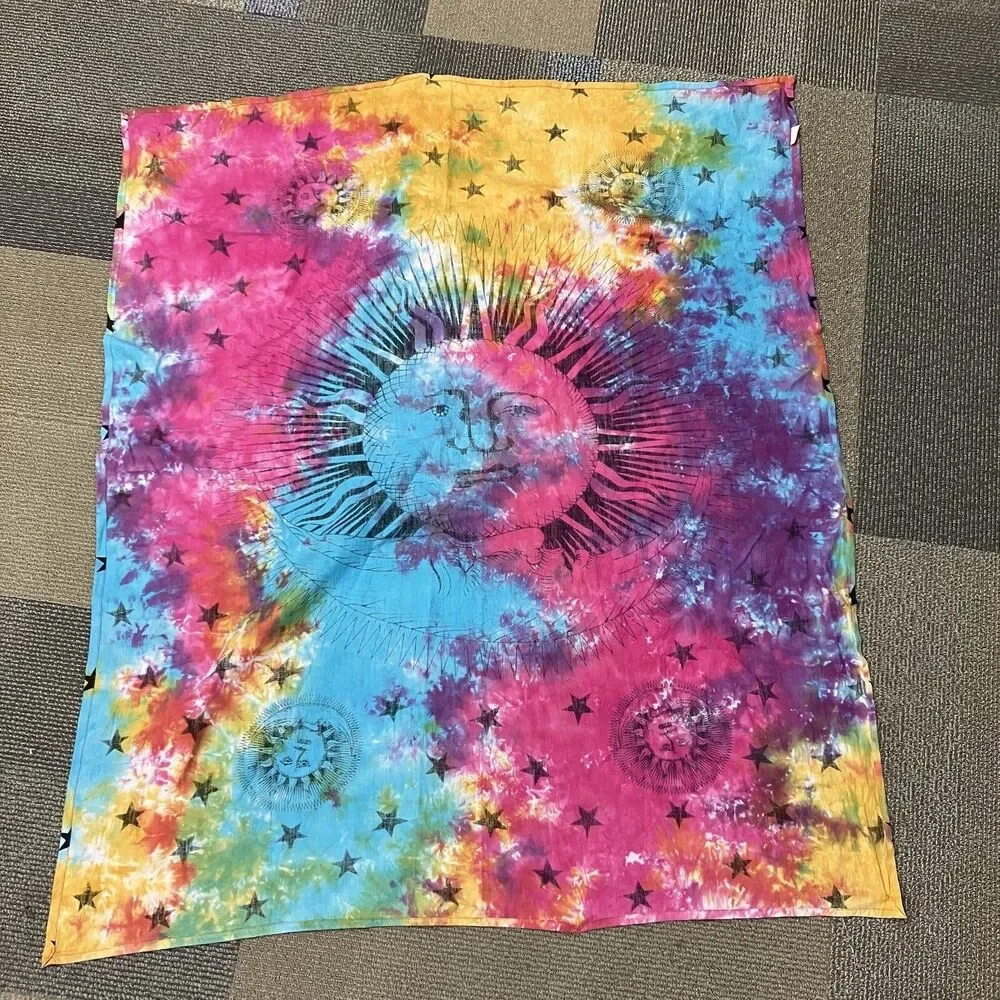 Psychedelic Sun Moon Stars Tie Dye Mandala Tapestry Hippie Hippy Celestial Wall